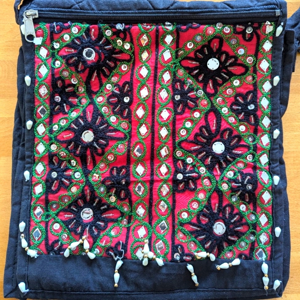 Women's Cross Body Black Bag, Red ,Green, Mirror and Bead Embroidery.